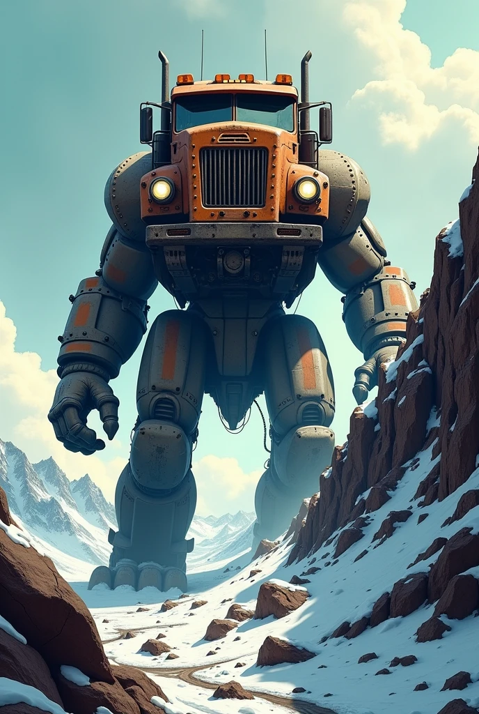 Monster with the head of a four-wheel drive truck that walks on two legs and is climbing a mountain and is very tall that is in 2d