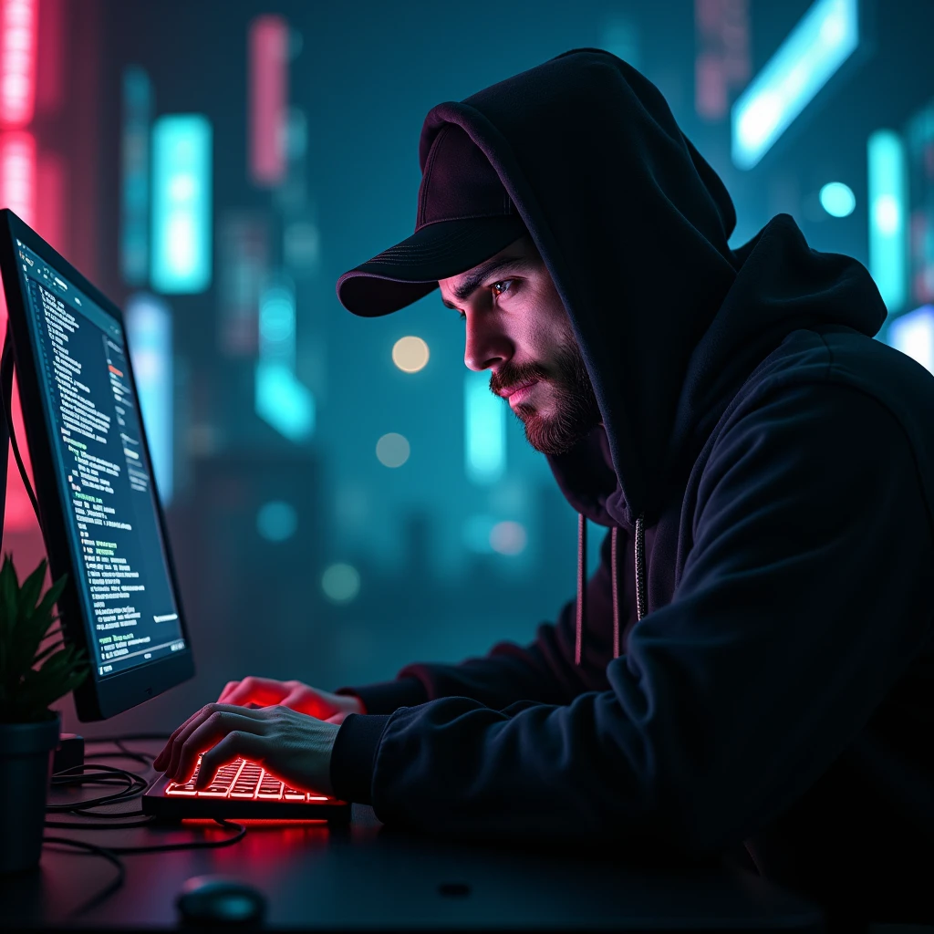 a hacker with a computer, a dark and gloomy cyberpunk city, dramatic lighting, high detail, cinematic, neon lights, moody atmosphere, digital art, hyper-realistic, (best quality,4k,8k,highres,masterpiece:1.2),ultra-detailed,(realistic,photorealistic,photo-realistic:1.37),chiaroscuro, dramatic shadows, cyberpunk aesthetic, intense gaze, intense facial expression, dark circles under eyes, determined look, hoodie with black snapback, glowing computer screens, digital interface, computer hardware, wires, circuitry, preserve face
