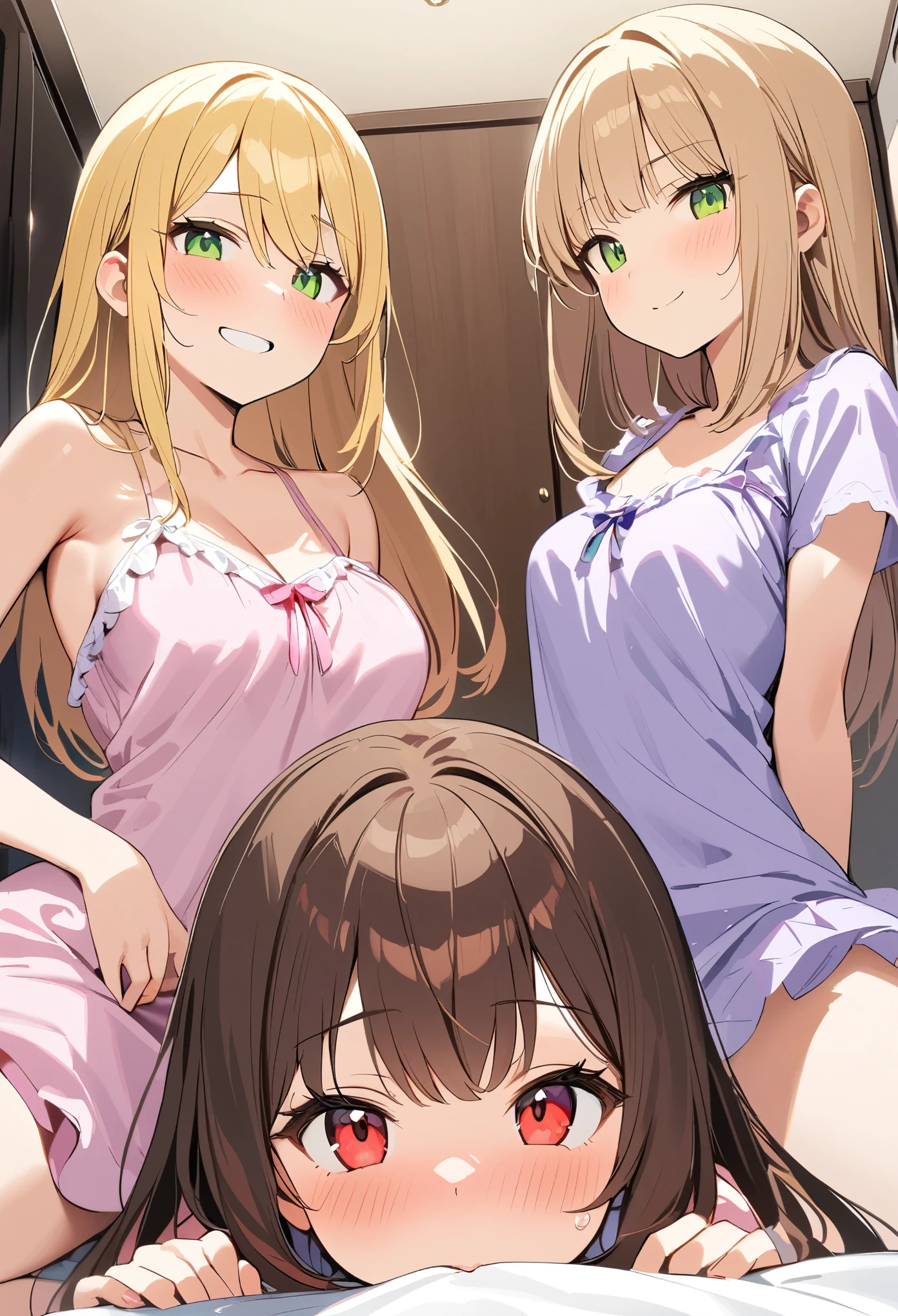 Three angel girls with long hair are lying on the bed in front of the bedroom。, multiple girls, blonde hair, Bon ,Purple Nightgown, red eyes , skirt, brown hair, shy smile, pink nightgown, green eyes, looking at the viewer, short sleeve,sex,compartment,blowjob，Sexy clothes，through，Slip nightdress