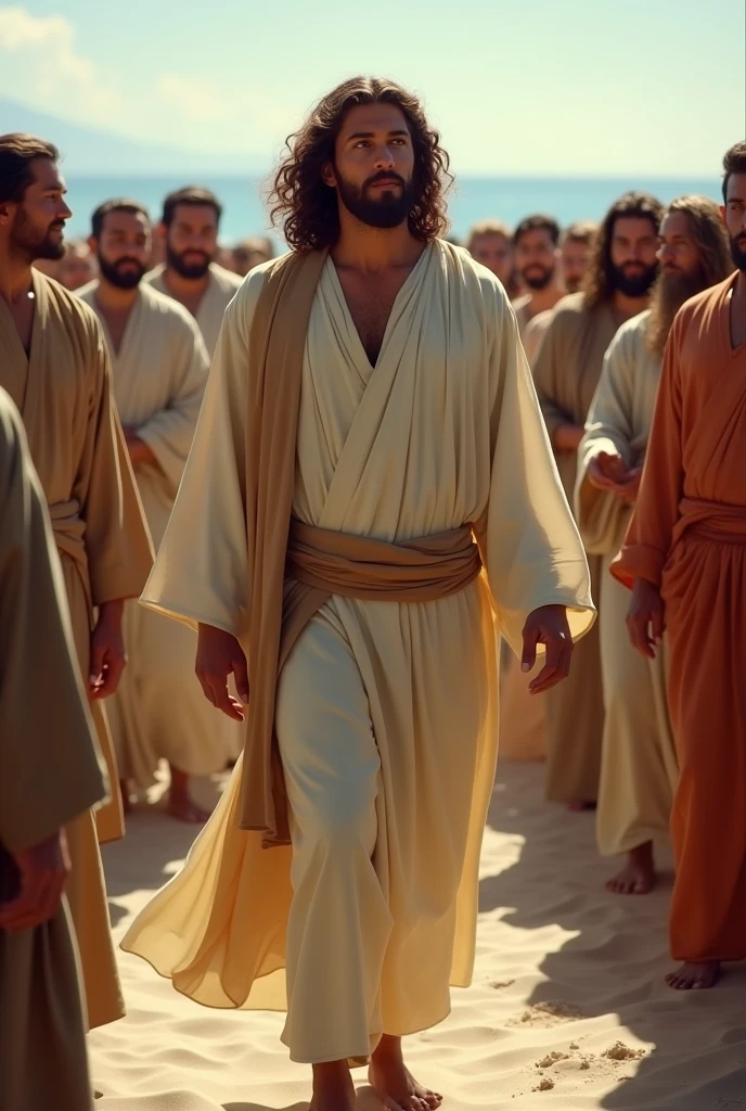 Jesus depicted with light brown skin, long, curly, dark brown hair, short beard, eyes browns, facial features ,walking among the crowd of faithful of the time in the middle of the beach.