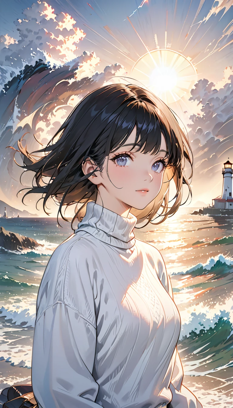 shortage々Portrait of a beautiful face (Old Fisherman:1.3), (Face Focus:1.5), (storm:1.2), (Wave:1.3), Ocean, (Lighthouse background:1.3), (Cowboy Shooting:1.4), (White knit turtleneck sweater:1.3), Looking at the audience, practical, masterpiece, Highest quality, Backlight, (Lens flare:1.1), (bloom:1.1), (chromatic aberration:1.1), author:Jeremy Lipking, author Antonio J. Manzanado, number