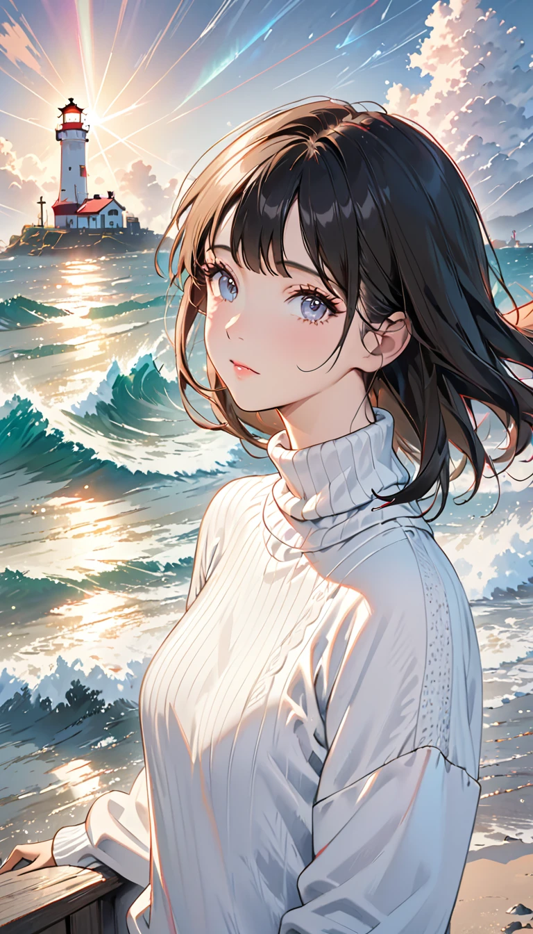 shortage々Portrait of a beautiful face (Old Fisherman:1.3), (Face Focus:1.5), (storm:1.2), (Wave:1.3), Ocean, (Lighthouse background:1.3), (Cowboy Shooting:1.4), (White knit turtleneck sweater:1.3), Looking at the audience, practical, masterpiece, Highest quality, Backlight, (Lens flare:1.1), (bloom:1.1), (chromatic aberration:1.1), author:Jeremy Lipking, author Antonio J. Manzanado, number