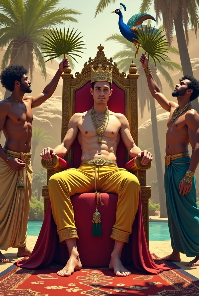 A handsome handsome man without a shirt, golden pants, winged crown, sitting on a king's chair, thin, white skin, in the desert, a desert palm tree behind a lake and a peacock with two leopards at his side, a rug under his feet, two men look at him, blowing on him with the palm leaf and a woman dances for him on his forehead.