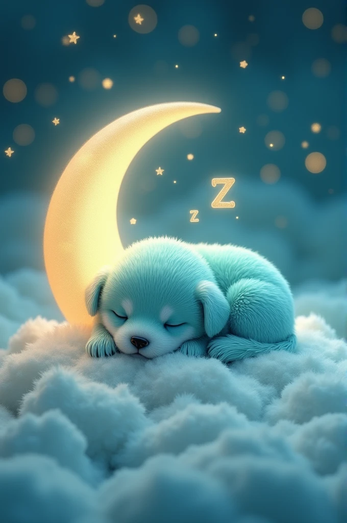 "A very cute turquoise puppy sleeping, with floating 'Z' letters above its head, lying on a fluffy moon, under a sky full of twinkling stars in ultra-realistic 4K images, formatted for YouTube."