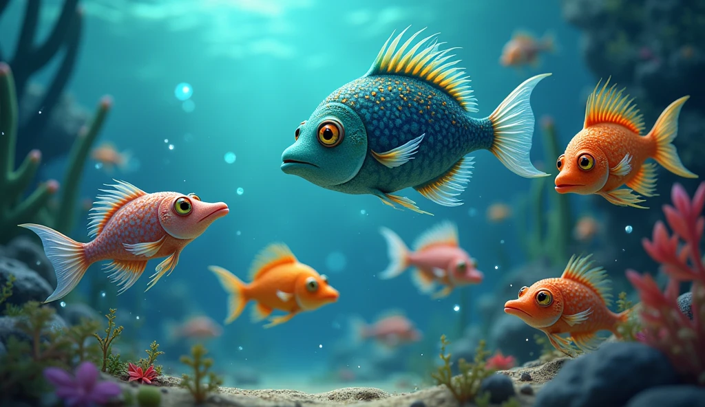 show several fish and shrimp gathered together, the same beings from the children's story about the imaginary kingdom of Atlantis