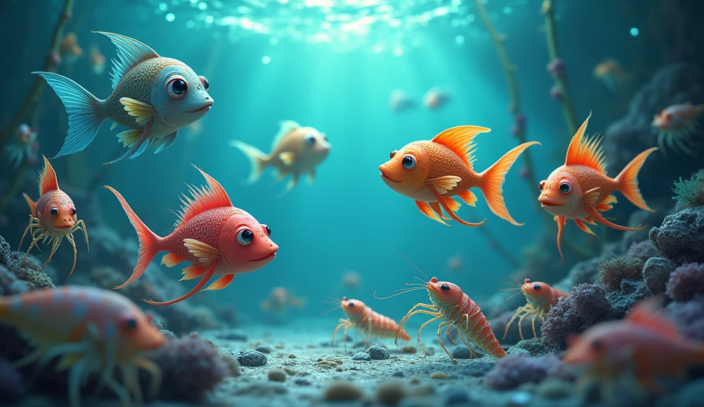 show several fish and shrimp gathered together, the same beings from the children's story about the imaginary kingdom of Atlantis