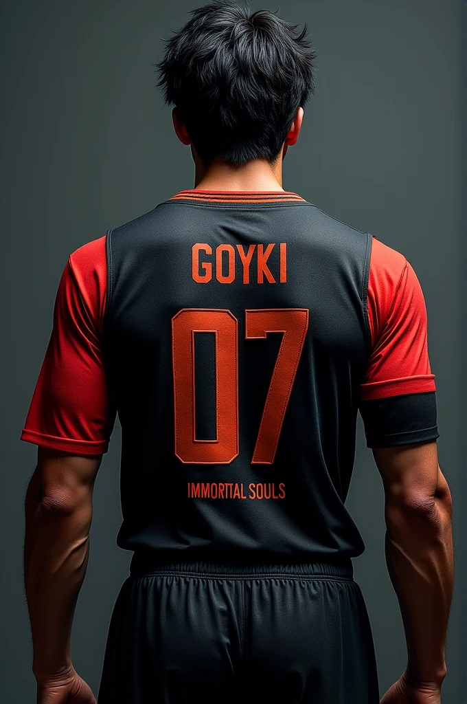 Make a person showing his backside with a jersey coloured with black and sleeves red coloured with a jersey number 07 with the name GOKU and below the jersey number written in small fonts immortal souls in capital