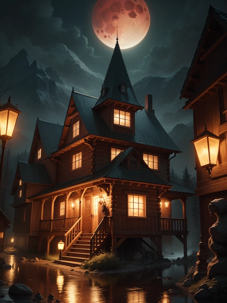 Best quality, masterpiece collection, Mountain cabin, witch enjoying Halloween event, blood moon, cabin on mountain, small water fountain, ultra detailed art, super detailed, 24K Ultra high definition resolution, glowing and shining lit effects, rendered by Nvidia RTX