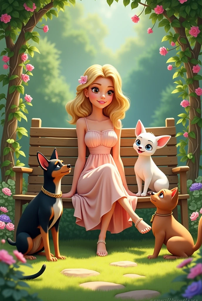 Disney style animated image of a blonde woman sitting with her pets a black and brown Chihuahua dog, a white French poodle dog and a brown and black cat are sitting in a garden all together