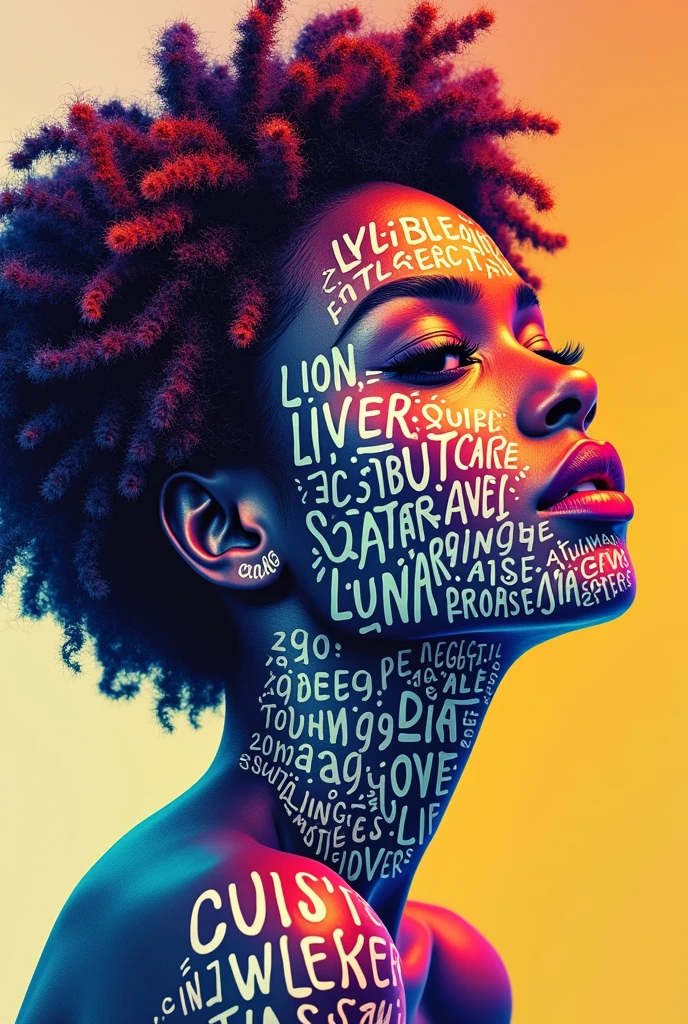 [Core Concept]
A visually striking typography poster that features a woman's face composed of colorful text.

[Character Description]
The woman's facial features are formed by the arrangement of the text, creating a captivating and expressive portrait.

[Environment/Background]
The background is set against a vibrant, multicolored palette, adding a dynamic and eye-catching element to the design.

[Style and Atmosphere]
The overall aesthetic is modern, bold, and artistic, with a playful and visually engaging composition.

[Composition]
The text is expertly arranged to flow and curve in a way that seamlessly integrates with the woman's facial structure, creating a harmonious and visually compelling piece.

[Details and Embellishments]
The individual letters and words are rendered in a variety of colors, textures, and styles, adding depth and visual interest to the typography-based portrait.

[Technical Specifications]
This digital artwork would be suitable for high-quality printing as a poster, with a resolution and file format suitable for professional printing.