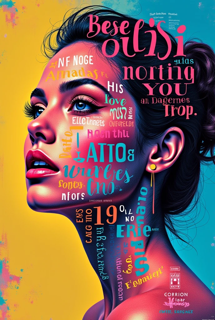 [Core Concept]
A visually striking typography poster that features a woman's face composed of colorful text.

[Character Description]
The woman's facial features are formed by the arrangement of the text, creating a captivating and expressive portrait.

[Environment/Background]
The background is set against a vibrant, multicolored palette, adding a dynamic and eye-catching element to the design.

[Style and Atmosphere]
The overall aesthetic is modern, bold, and artistic, with a playful and visually engaging composition.

[Composition]
The text is expertly arranged to flow and curve in a way that seamlessly integrates with the woman's facial structure, creating a harmonious and visually compelling piece.

[Details and Embellishments]
The individual letters and words are rendered in a variety of colors, textures, and styles, adding depth and visual interest to the typography-based portrait.

[Technical Specifications]
This digital artwork would be suitable for high-quality printing as a poster, with a resolution and file format suitable for professional printing.