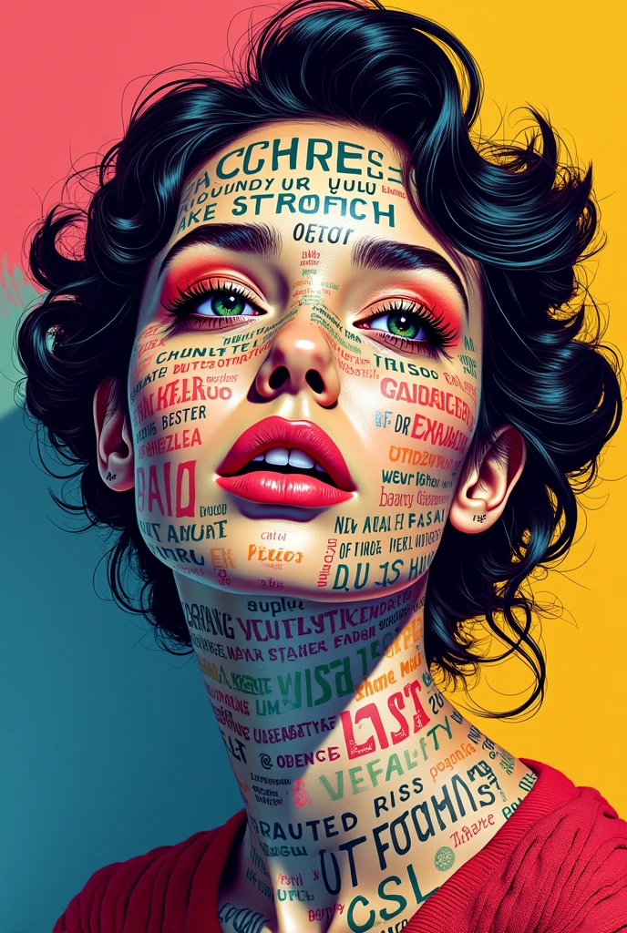 [Core Concept]
A visually striking typography poster that features a woman's face composed of colorful text.

[Character Description]
The woman's facial features are formed by the arrangement of the text, creating a captivating and expressive portrait.

[Environment/Background]
The background is set against a vibrant, multicolored palette, adding a dynamic and eye-catching element to the design.

[Style and Atmosphere]
The overall aesthetic is modern, bold, and artistic, with a playful and visually engaging composition.

[Composition]
The text is expertly arranged to flow and curve in a way that seamlessly integrates with the woman's facial structure, creating a harmonious and visually compelling piece.

[Details and Embellishments]
The individual letters and words are rendered in a variety of colors, textures, and styles, adding depth and visual interest to the typography-based portrait.

[Technical Specifications]
This digital artwork would be suitable for high-quality printing as a poster, with a resolution and file format suitable for professional printing.