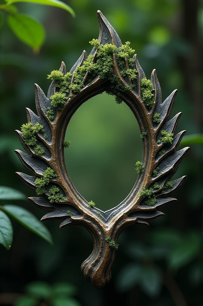 small magic mirror, ancient and evil, in the shape of a tree leaf
