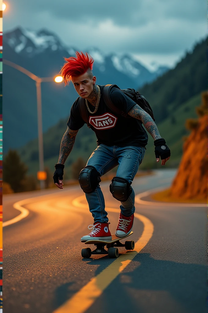 a fat young Punk skateboarding with red mohawk and upturned jacket covered in tattoos on his arms, confidently riding a skateboard down a winding mountain road ferry fasted, framed by the night golden light of the street. He is wearing a black t-shirt with a vintage VAN logo on his chest and a bag on his back, and denims jeans and use red converse shoes. The man look at the camera, his hands protected by black gloves, adding a personal touch to the thrilling scene. He also wears knee and elbow pads, ensuring safety as he navigates the turns with ease. The background is midnight lanscape features rolling green hills and snow-capped mountains in the distance, creating a stunning contrast to the rider’s dynamic movements, amplifying the excitement. In the distance. The image exudes the thrill of downhill skateboarding, the beauty of the natural scenery, and the fearless energy of the rider, with an Instagram-worthy night atmosphere.