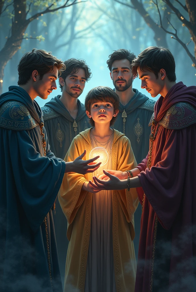 Four young men surround a sweet-faced young man. They are wearing magic robes. One of them holds a magic wand. Magic, magic, fantasy, fantase