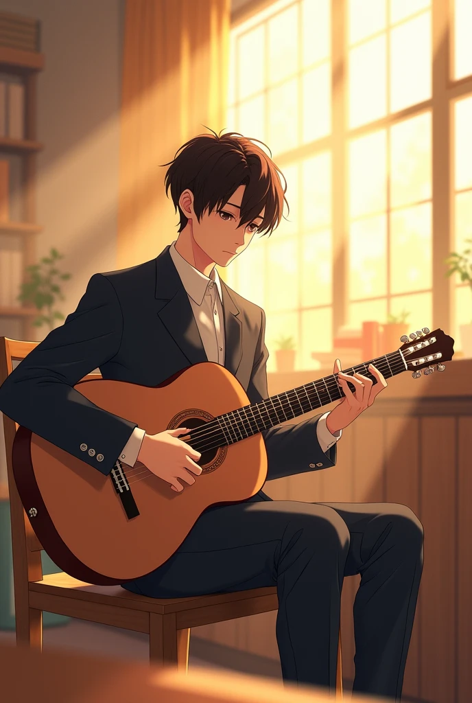 A very handsome boy wearing a Korean school uniform sits in the music club room. He is playing the guitar with sunlight streaming in through the window, making the room feel warm and peaceful. Anime