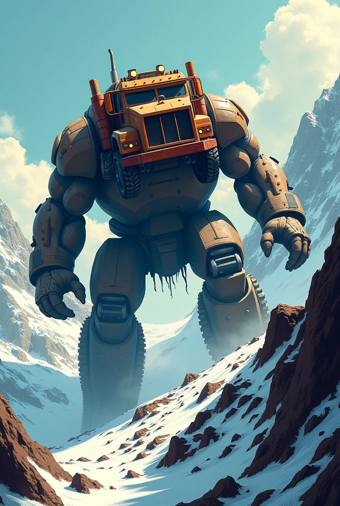 Monster with the head of a four-wheel drive truck that walks on two legs and is climbing a mountain and is very tall that is in 2d