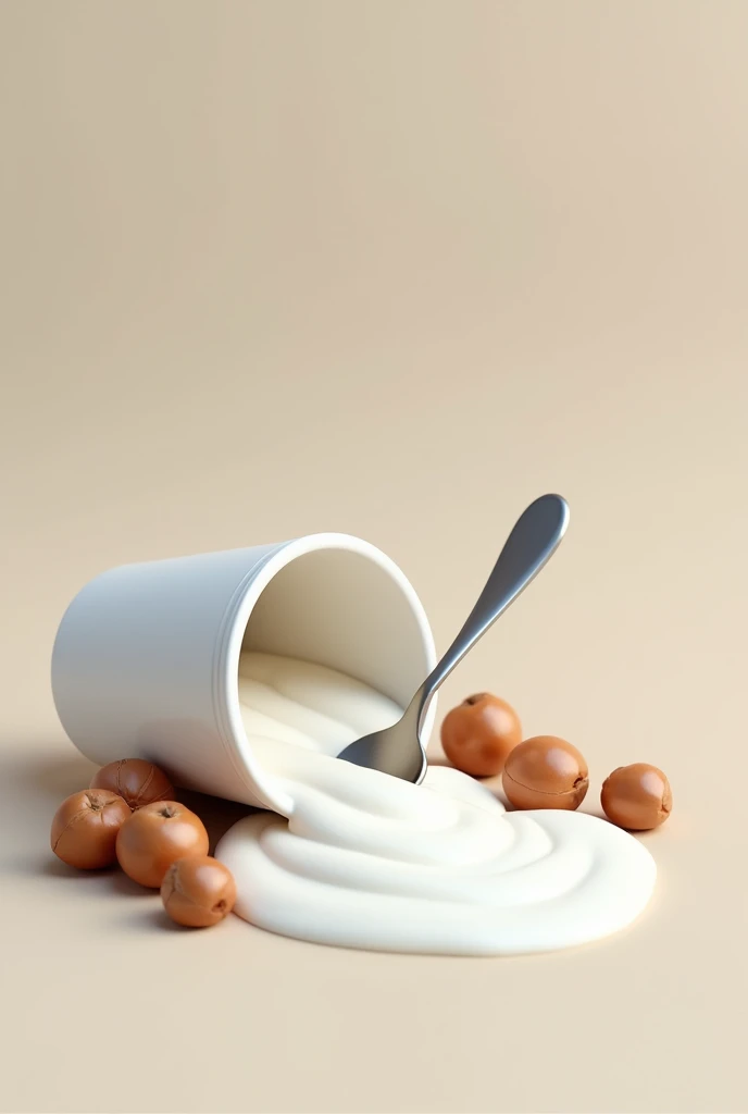 container of Greek yogurt with hazelnuts inside it, Now on its side, its lid is leaning against the container and inside the yogurt there is a small spoon.

