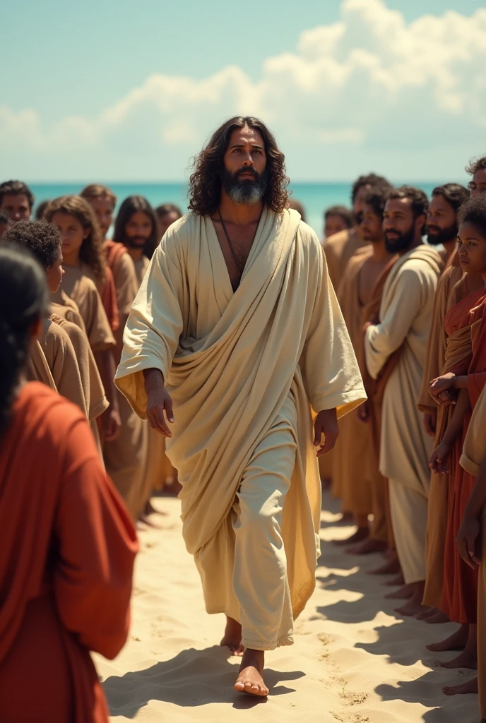 Jesus depicted with light brown skin, long, curly, dark brown hair, short beard, eyes browns, facial features ,walking among the crowd of faithful of the time in the middle of the beach.