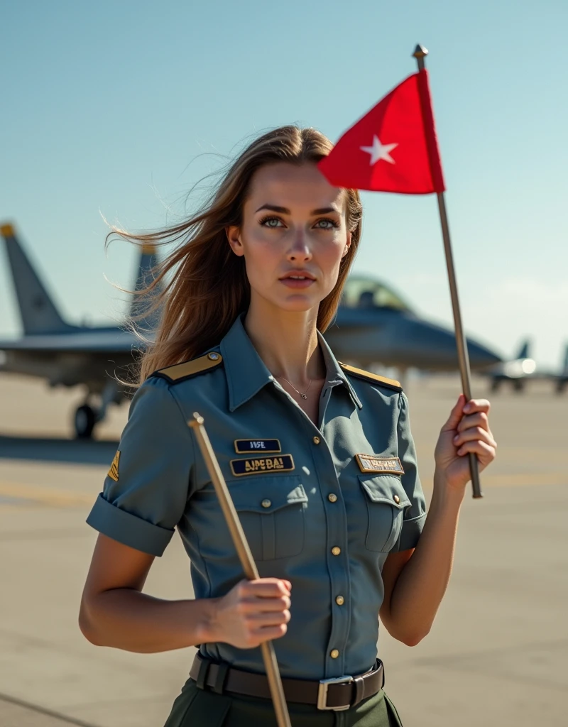 (Photorealism:1.2), beautiful woman, Fighter Jet Signalman, holding a small red flag.