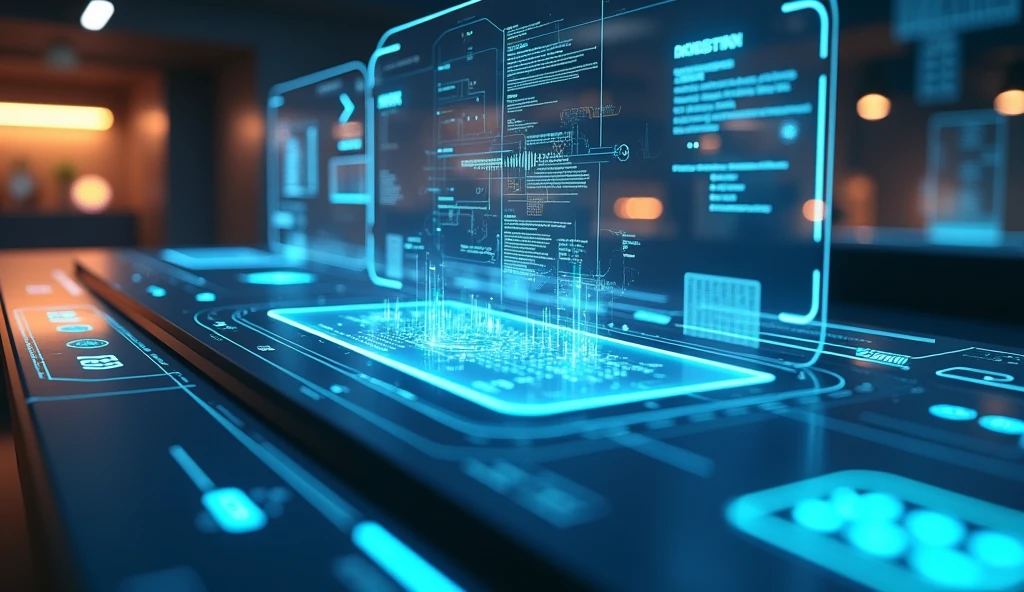 a clean, futuristic user interface with minimal clutter, glowing neon accents, holographic displays, subtle ambient lighting, cyberpunk style, 8k, highly detailed, digital art, cinematic lighting, ultrarealistic, masterpiece