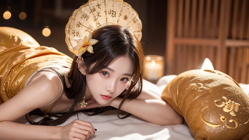 moon cake、mid-autumn festival、Physiologically correct body、Beautifully detailed face、China dress、Cute 20 year old girl、The background is a big moon