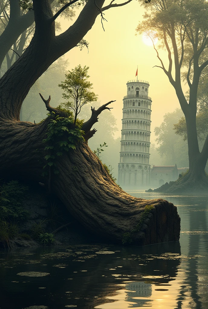 Give me a picture of a large dead tree lying on its side in the water of a swamp., There is a sapling on the top of the tree trunk., In the background are the trees of the marshland and the old leaning tower of pisa. , vine clinging to 50%, in the space of the afternoon