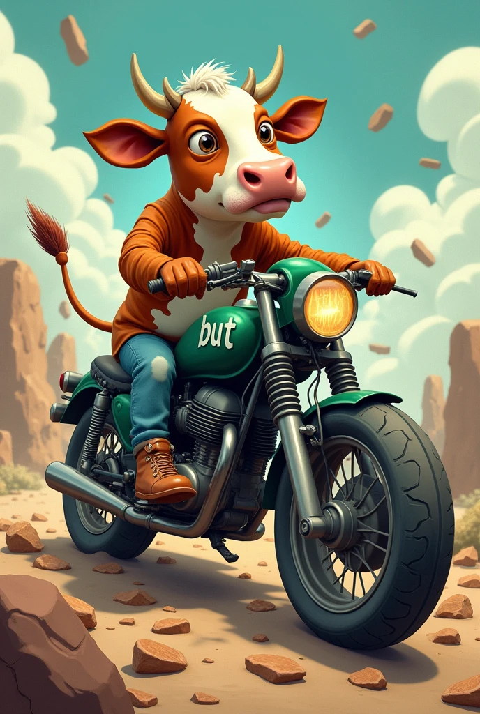 Cow driving an almost disassembled motorcycle that says "but"