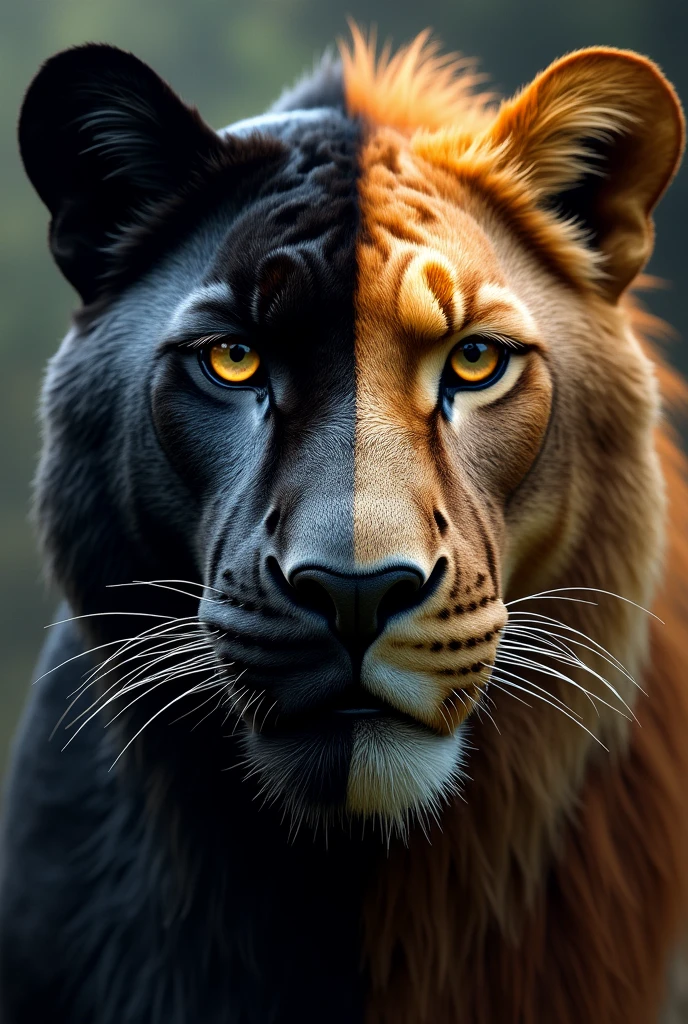Half Black Panther: The left side of the face shows the black panther, with her smooth skin and her characteristic intense look. Details like the golden eyes and the shine in the fur could be highlighted..
Half Lion: The right side of the face features the lion, with its distinctive mane and majestic expression. The coat must be detailed, with emphasis on the hair and the features of her face.
The joining point between the two halves should be fluid to create a natural transition between both animals., possibly with details that connect the two parts, such as shadows or elements that merge. This can result in a powerful and visually striking design..