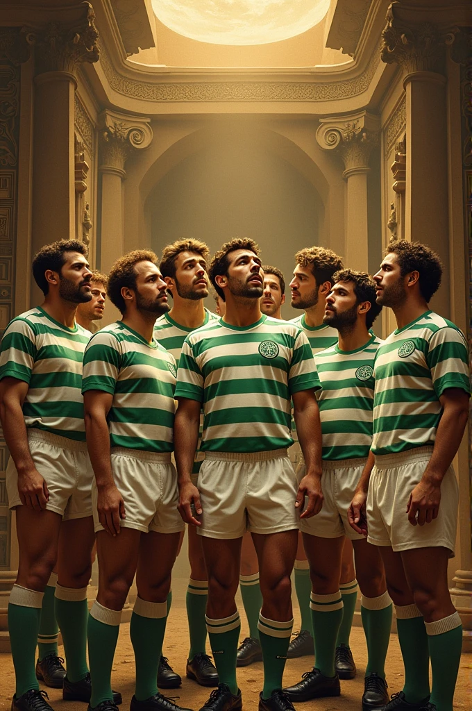 Please create a Renaissance style picture of Celtic’s 1966/67 treble (UEFA Champions League, Scottish Premier League and Scottish League Cup) with ancient Greek setting. Use techniques such as chiaroscuro and warm color palette.