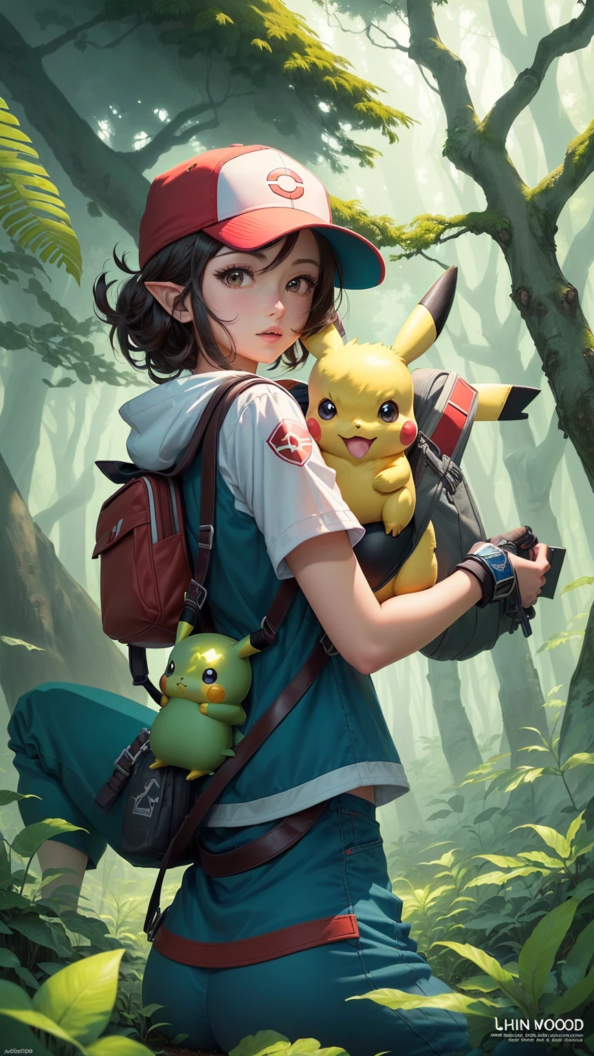 Pokemon is sitting in the woods,Holding a Pokemon toy in hand, pikachu in a forest, Illustration Pokemon, a pikachu in a forest, Elf art style, anime lush john 8k woods, pokemon trainer, Wild Pokémon, Elf anime style, Ash, High-quality fanart, Official Art, Detailed fan art, Available for Pokemon Red and Blue, Anime pictures, high detailed Official Artwork