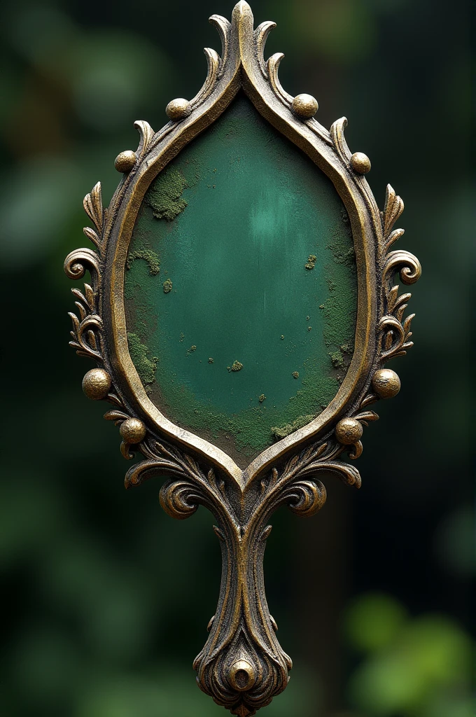 small magic mirror, ancient and evil, in the shape of a tree leaf
