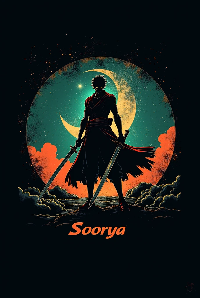 Create logo of Zoro from one piece  in background circle and inside the circle dark sky moon and on the circle write SOORYA