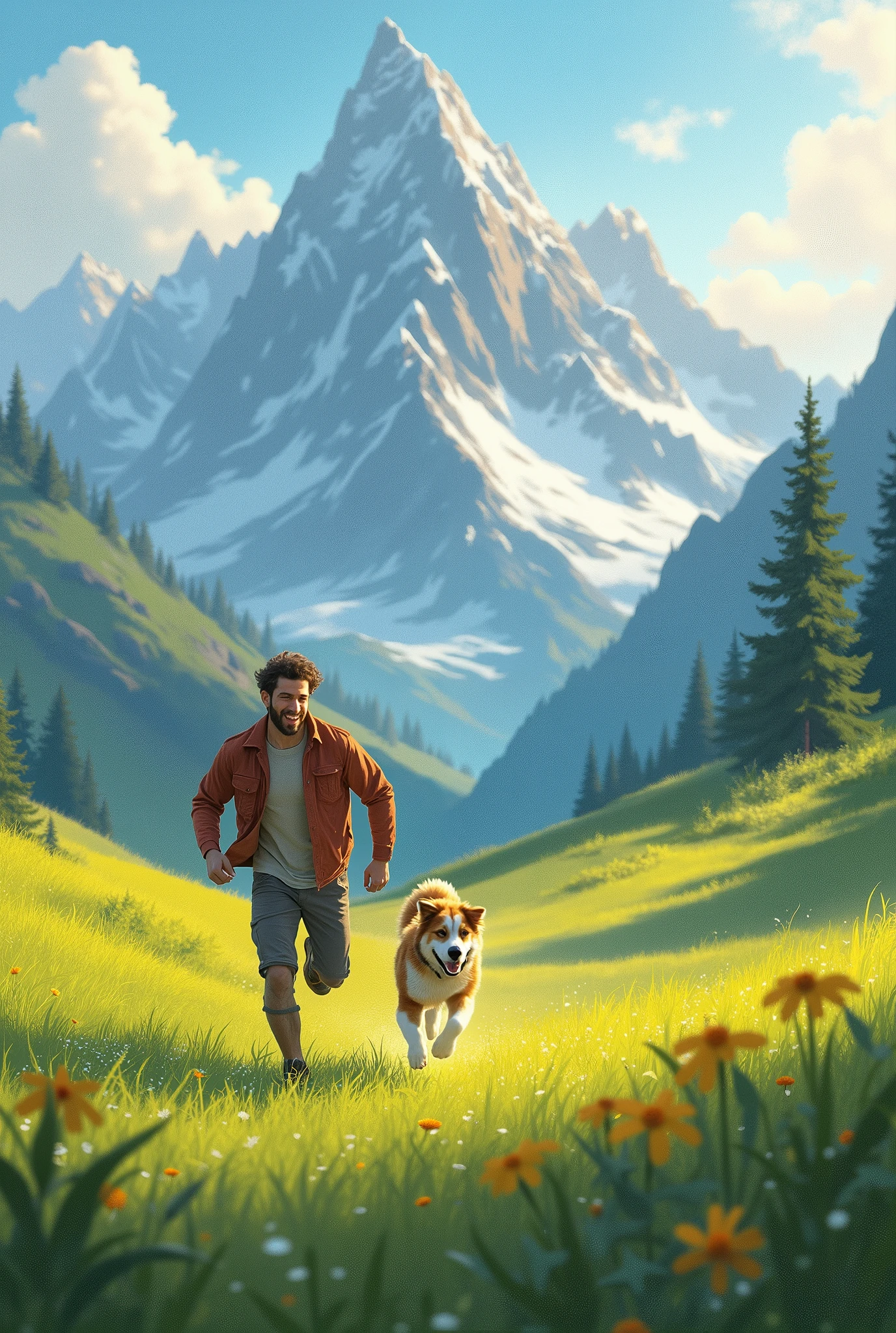 A field with green grass surrounded by beautiful mountains, and a man running with his dog at his side enjoying the beautiful scenery.