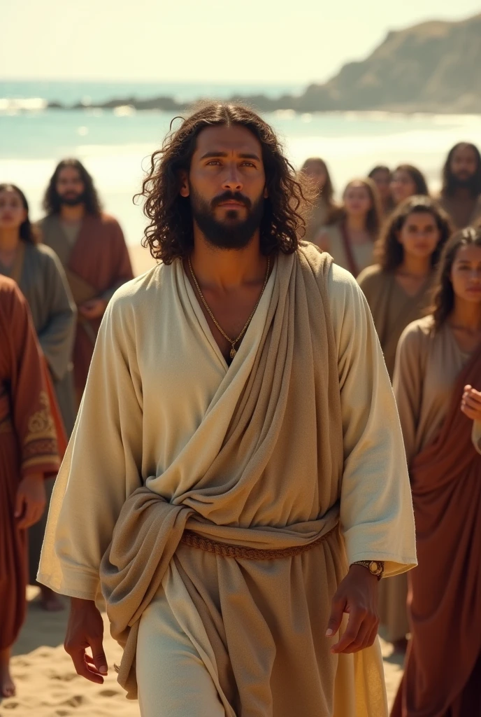 Jesus depicted with light brown skin, long, curly, dark brown hair, short beard, eyes browns, facial features ,walking among the crowd of faithful of the time in the middle of the beach.