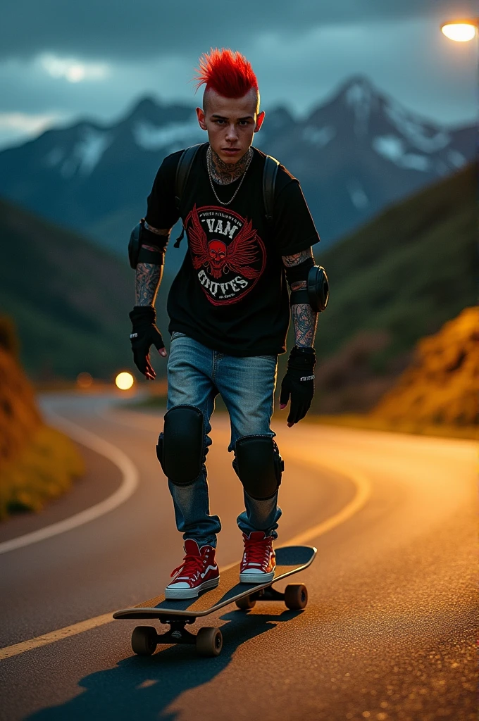 a fat young Punk skateboarding with red mohawk and upturned jacket covered in tattoos on his arms, confidently riding a skateboard down a winding mountain road ferry fasted, framed by the night golden light of the street. He is wearing a black t-shirt with a vintage VAN logo on his chest and a bag on his back, and denims jeans and use red converse shoes. The man look at the camera, his hands protected by black gloves, adding a personal touch to the thrilling scene. He also wears knee and elbow pads, ensuring safety as he navigates the turns with ease. The background is midnight lanscape features rolling green hills and snow-capped mountains in the distance, creating a stunning contrast to the rider’s dynamic movements, amplifying the excitement. In the distance. The image exudes the thrill of downhill skateboarding, the beauty of the natural scenery, and the fearless energy of the rider, with an Instagram-worthy night atmosphere.