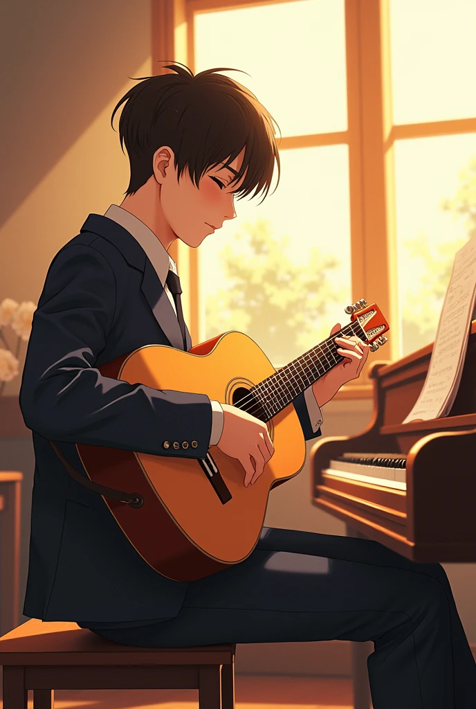 A very handsome boy wearing a Korean school uniform is sitting in the music club room. He is playing the guitar with sunlight coming in through the window, making the room feel warm and peaceful. A little wider view of the music room. Anime