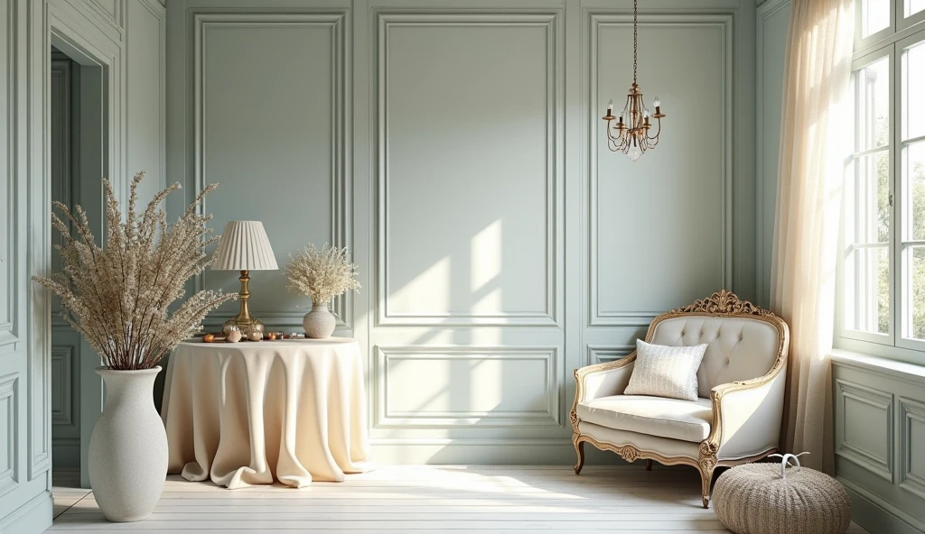 A hyper-realistic photo of a light blue and beige elegant templates design with a touch of sophistication to combine Victorian charm with Shabby Chic style, decorated with elegant sheer chiffon, antiques, baroque and gem stones, UHD, 8K resolution, masterpiece, high detailed. Ultra-realistic.