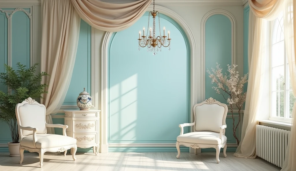A hyper-realistic photo of a light blue and beige elegant templates design with a touch of sophistication to combine Victorian charm with Shabby Chic style, decorated with elegant sheer chiffon, antiques, baroque and gem stones, UHD, 8K resolution, masterpiece, high detailed. Ultra-realistic.