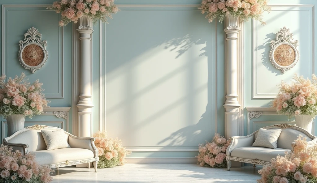 A hyper-realistic photo of a light blue and beige elegant templates design with a touch of sophistication to combine Victorian charm with Shabby Chic style, decorated with elegant sheer chiffon, antiques, baroque and gem stones, UHD, 8K resolution, masterpiece, high detailed. Ultra-realistic.