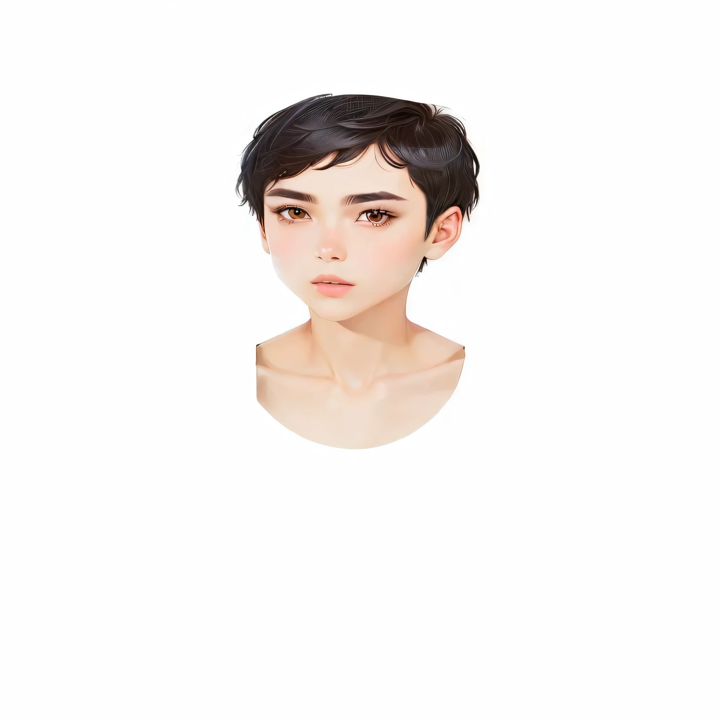 a close up of a person with a short hair and a white background, androgynous face, with short hair, boy has short black hair, androgynous person, south east asian with round face, short brown hair and large eyes, pixie cut, portrait androgynous girl, boy thin face, oval shaped face, halfbody portrait