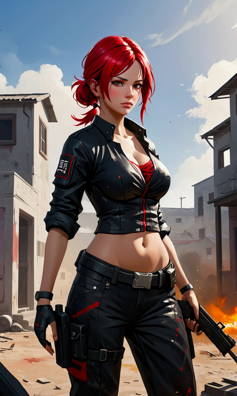 Image of a Pubg Mobile game in action, character wearing black outfit with red details. high resolution, 1 , 独奏, longye hair, breastsout, best qualityer, Action Painting, Masterpiece artwork, Expressionismo abstrato, impressionalism, 