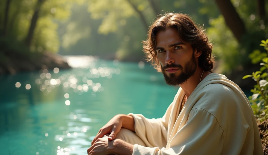 two men seated at a river. Descreva uma imagem de Jesus Christ sitting at a crystal clear blue river in the enchanting garden of Eden with Adam. Adam is in his 20s, short curl light brown 7" hair, green eyes. Jesus is in his mid 30s, light blue eyes, wavy 14" dark brown hair, very handsome, very calm demeanor, illuminated, emanating a divine aura and looking directly into the camera with a penetrating and compassionate gaze. The scene around him radiates a sense of serenity and transcendence, com cores suaves e uma atmosfera celestial. Highlight the details of the expression on your face, the sparkle in your eyes and the sense of peace and grace that your presence radiates in this sacred moment, 32K UHD, Style Raw, Afternoon sun, warm tone, cinematic