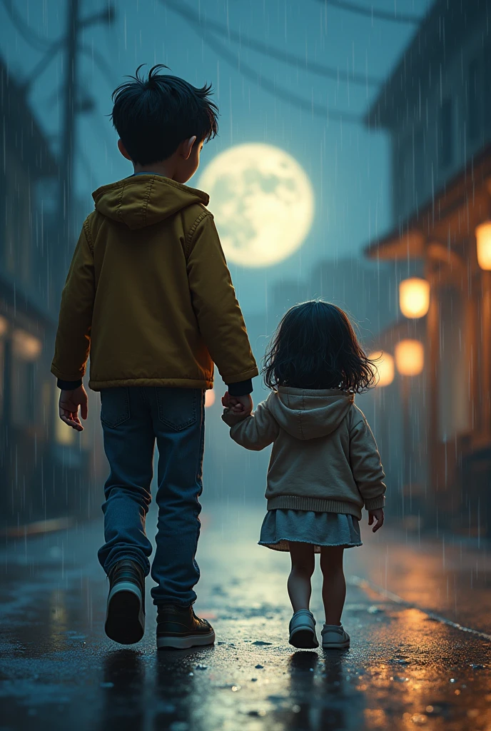 visual image or photograph.moonlit night with a 
hight brother and a shot cute sister walking in the rain.highlight the depth of field and quality, conveying a sense of happiness and a good life despite the rainy weather.
