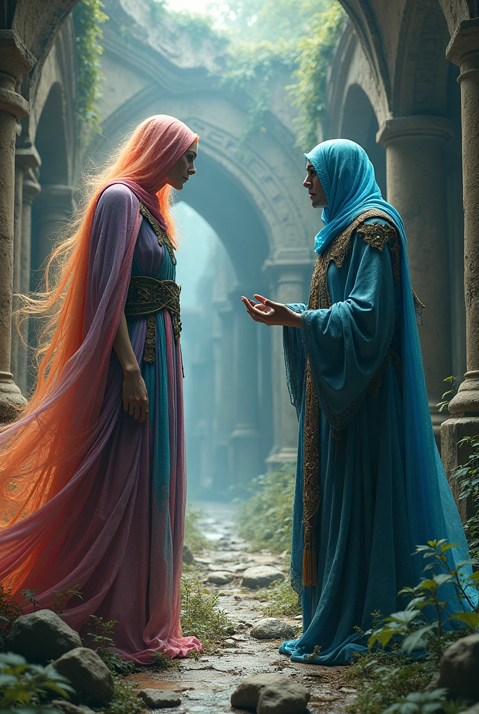A color-changing character in a brightly colored robe and a wise-looking character in a robe full of strange symbols meet in a ruin-strewn setting.