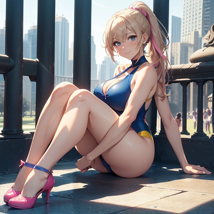 (Masterpiece), (HD), (High Resolution), (Best quality and very detailed), (Perfect Anatomy), (Fantasy Genre), (Anime style), (Highest resolution and Quality), (character alone, solo)
{{(1character:60years old lady milf citizen:(messy hair tied in a medium messed ponytail, fair skin, blue eyes, sweet open smile, happy carefree expression, Big breasts, nice figure, Beauty mature feminity, beautiful arms, beautiful legs, delicated features),((blue yellow and pink one-piece swimsuit), (yellow heeled shoes) yellow ribbon in the hair holding tje messed-ponytail),(gentle posture, sweet cheerful demeanor, feeling clumsy, sweetness and love, showing her butt with erotic movements),(morning at central park, United States city, summer season, central para New York))}}
