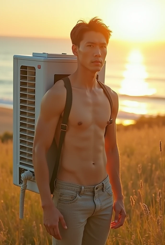 Real photo style、Realistic、Cute handsome man、Idol face、、Japanese、Slim body、Mash Hair、Completely naked、Full nudity、erection、Huge penis、The rays of the midsummer sun、Carrying a giant air conditioner on his back