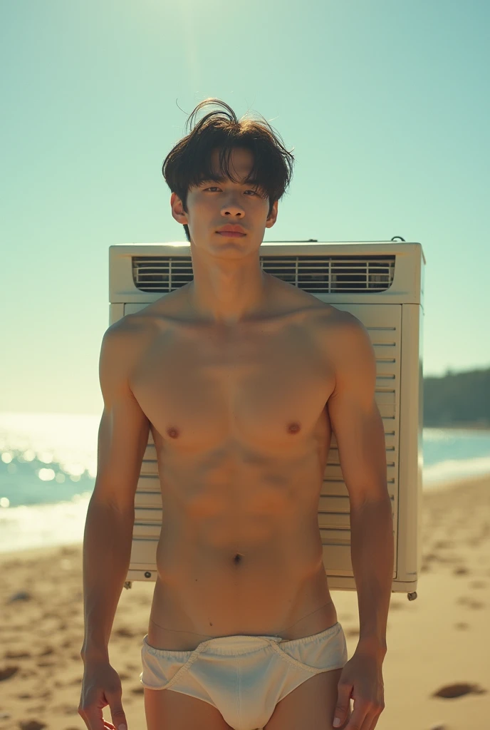 Real photo style、Realistic、Cute handsome man、Idol face、、Japanese、Slim body、Mash Hair、Completely naked、Full nudity、erection、Huge penis、The rays of the midsummer sun、Carrying a giant air conditioner on his back