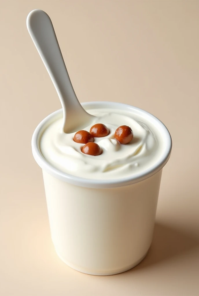 Commercial container of Greek yogurt with hazelnuts inside it, and inside the yogurt a plastic spoon

