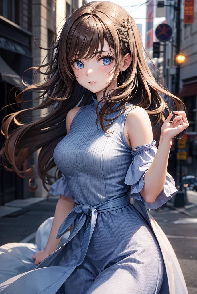 1 girl with waist-length light brown hair with waves, blue eyes, medium breasts, slim waist casual dress